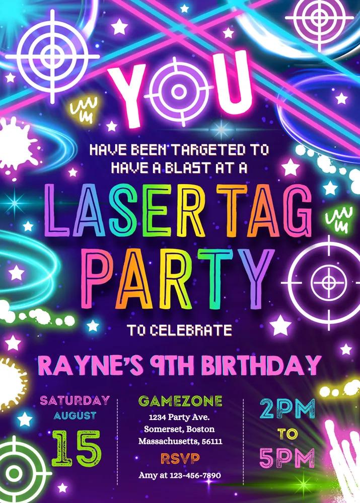 Laser Tag Birthday Party Invitation | Neon Glow Editable Canva Template