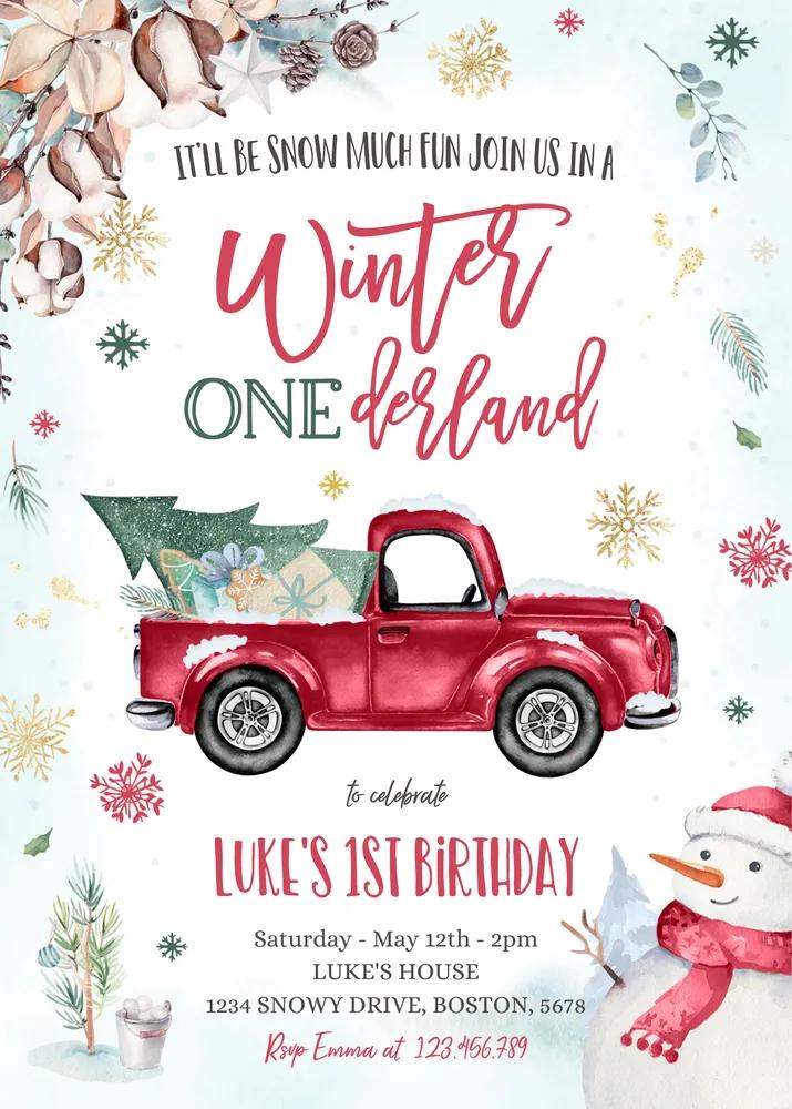 Winter ONEderland 1st Birthday Invitation | Red Truck Canva Template
