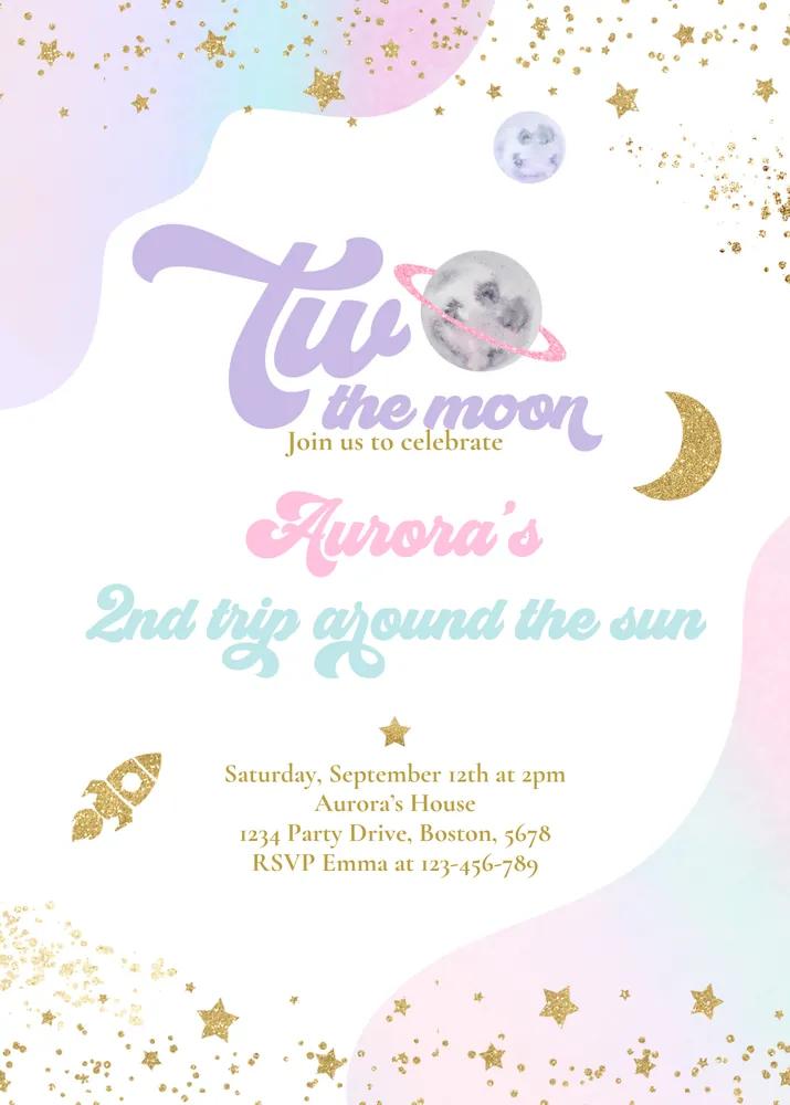 Two The Moon 2nd Birthday Invitation Canva Template Pink Space Trip Around Sun