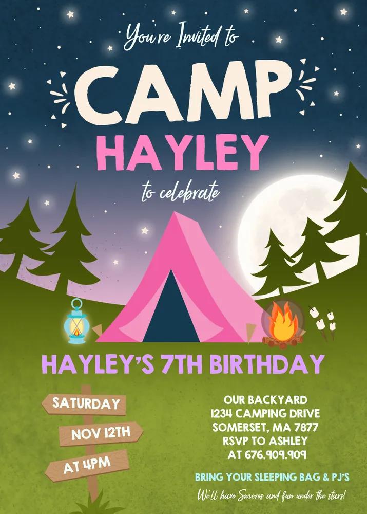 Camping Birthday Invitation | Girls Glamping Party Canva Template
