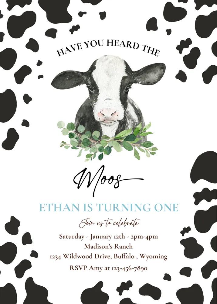 Cow Birthday Invitation - Editable Canva Template Boy Farm Ranch Party