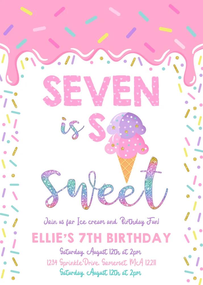 Ice Cream 7th Birthday Invitation | Editable Canva Template Seven is So Sweet