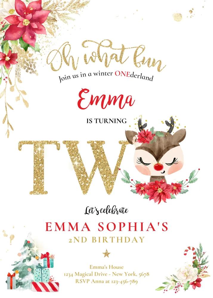 Reindeer Winter Wonderland 2nd Birthday Invitation Canva Template