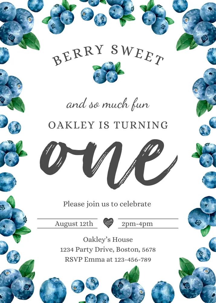 Blueberry 1st Birthday Invitation | Berry Sweet One Summer Fruit Canva Template