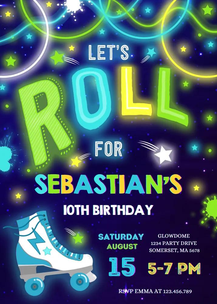Glow Roller Skating Birthday Invitation | Neon Disco Dance Party Canva Template