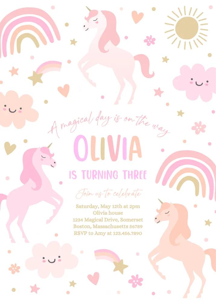 Unicorn Birthday Invitation | Editable Canva Template Pink Pastel Rainbow Party