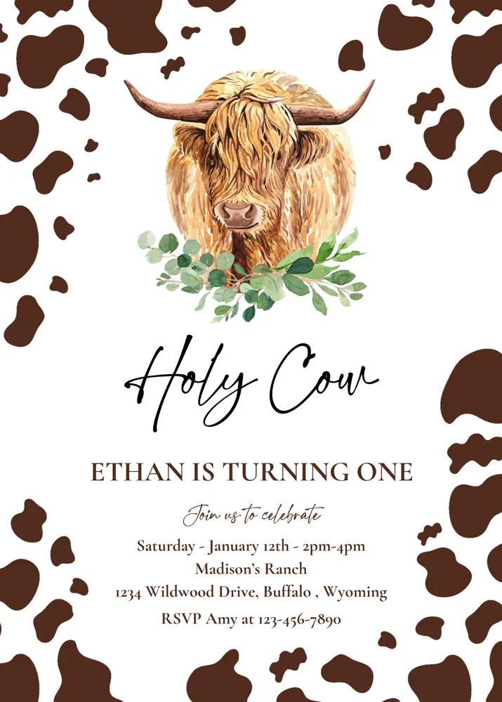 Holy Cow Im One Birthday Invitation | Highland Cow 1st Birthday Canva Template