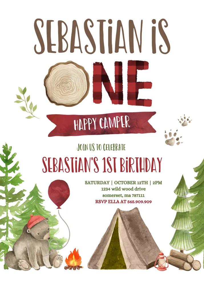 One Happy Camper 1st Birthday Invitation | Editable Canva Template