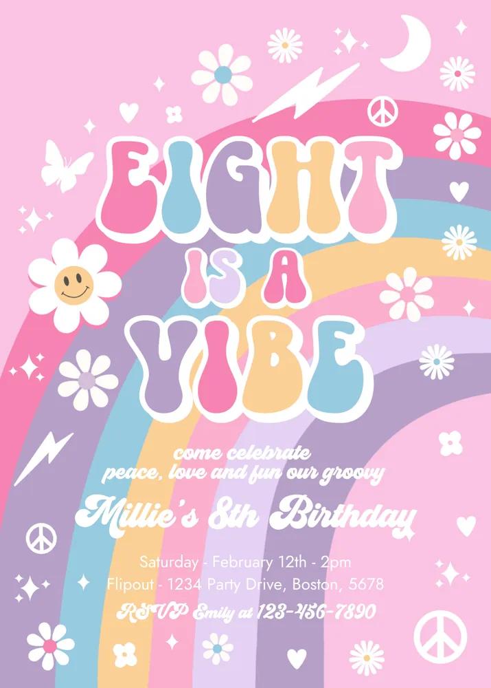 Eight Is A Vibe 8th Birthday Invitation | Editable Canva Template Pink Purple
