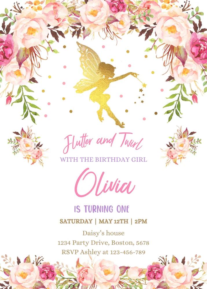 Fairy Birthday Invitation Canva Template - Rustic Floral Magical Party Invite