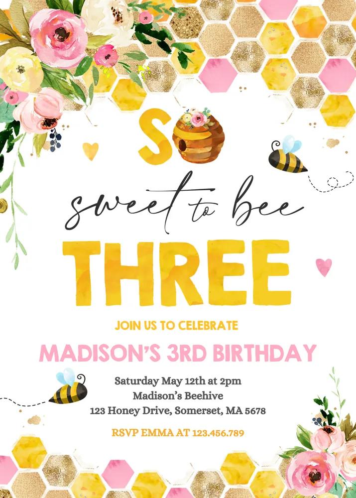 Bee Birthday Invitation Canva Template | Pink Floral Honey Bee 3rd Birthday