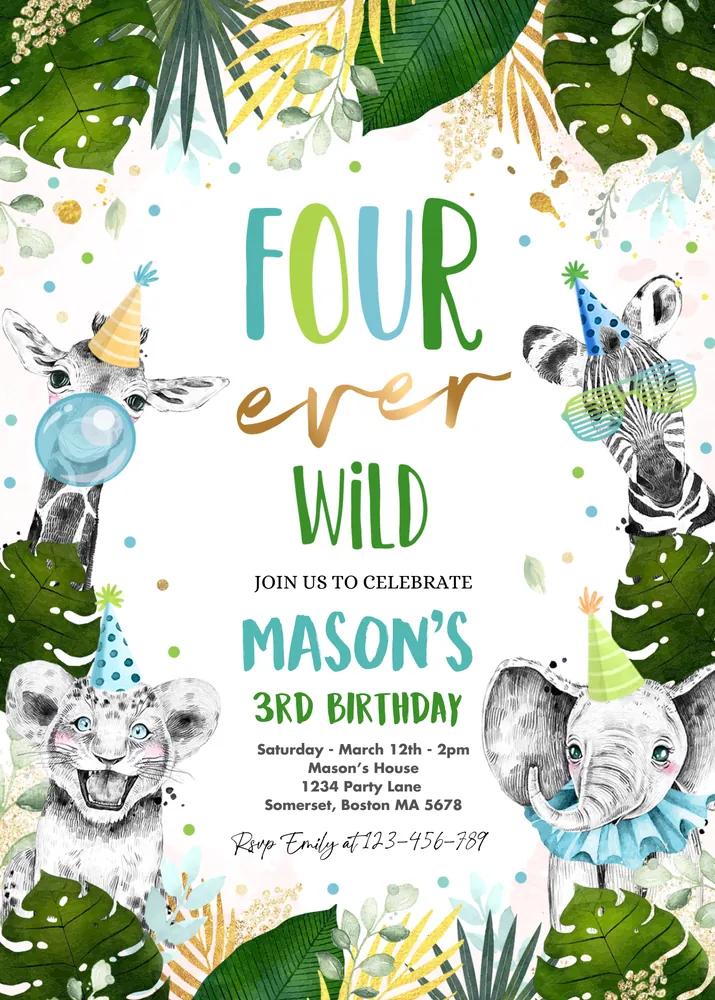 Four Ever Wild 4th Birthday Invitation, Safari Animals Canva Template