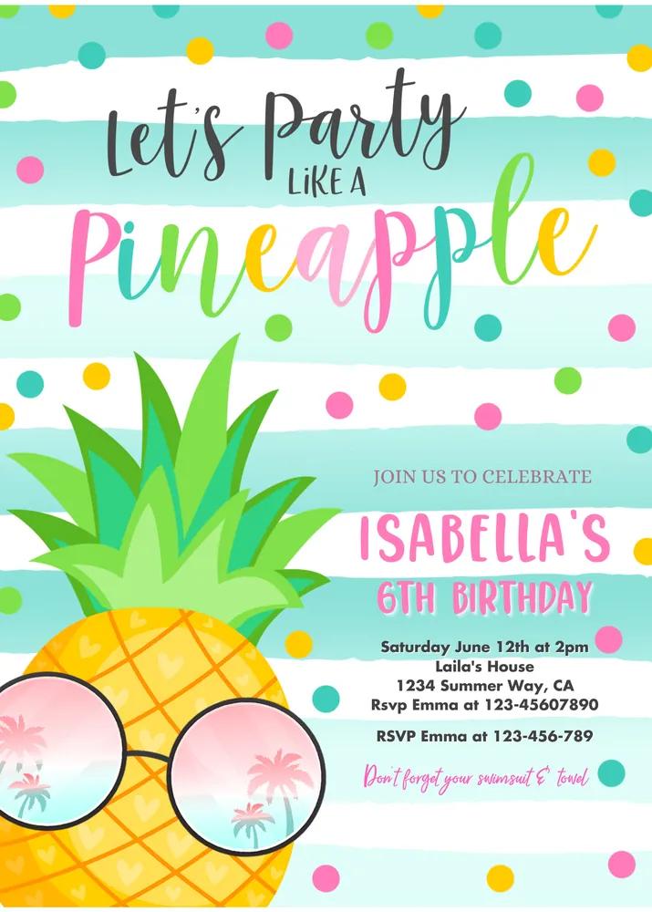 Editable Pineapple Party Invitation Template - Tropical Luau Pool Party Canva