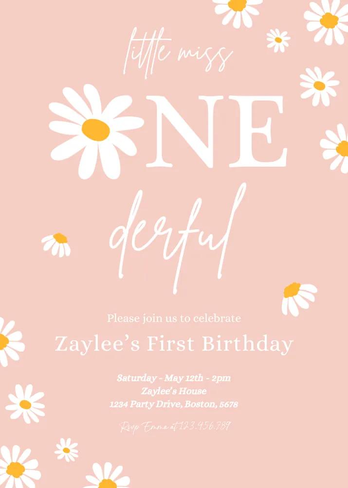Daisy 1st Birthday Invitation Boho Little Miss Onederful Canva Template