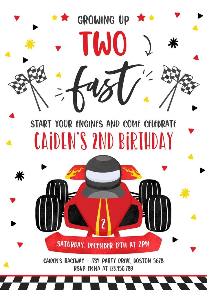 Growing Up Two Fast Birthday Invitation - Editable Canva Race Car 2nd Birthday