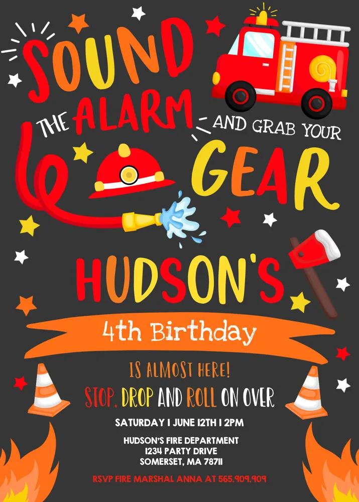 Firetruck Birthday Invitation | Editable Firefighter Template | Canva DIY Invite