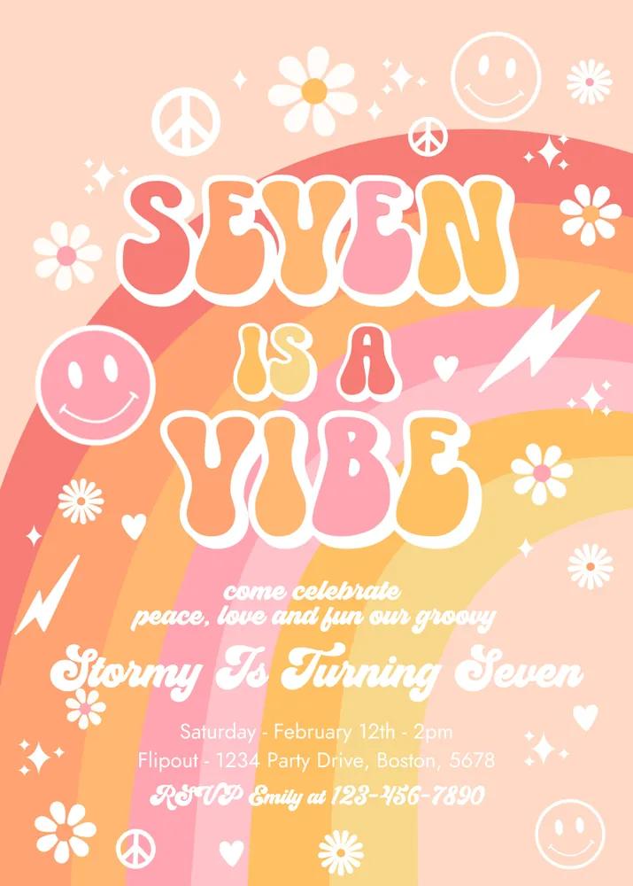 Seven Is A Vibe Birthday Invitation | Groovy 7th Birthday Canva Template