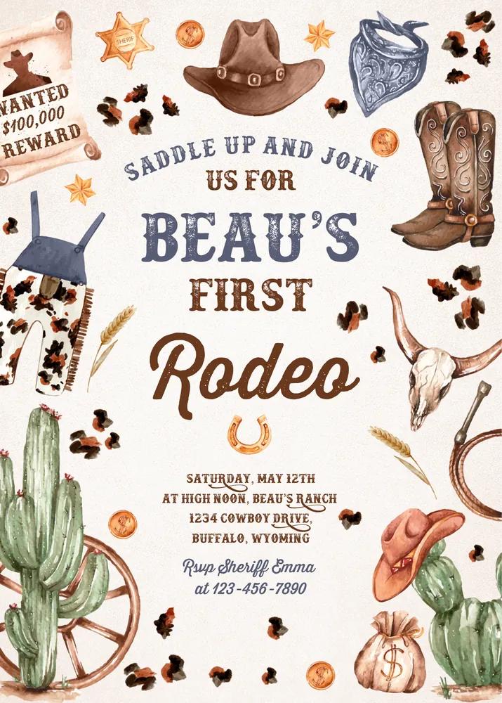 Cowboy 1st Rodeo Birthday Invitation | Editable Wild West Canva Template