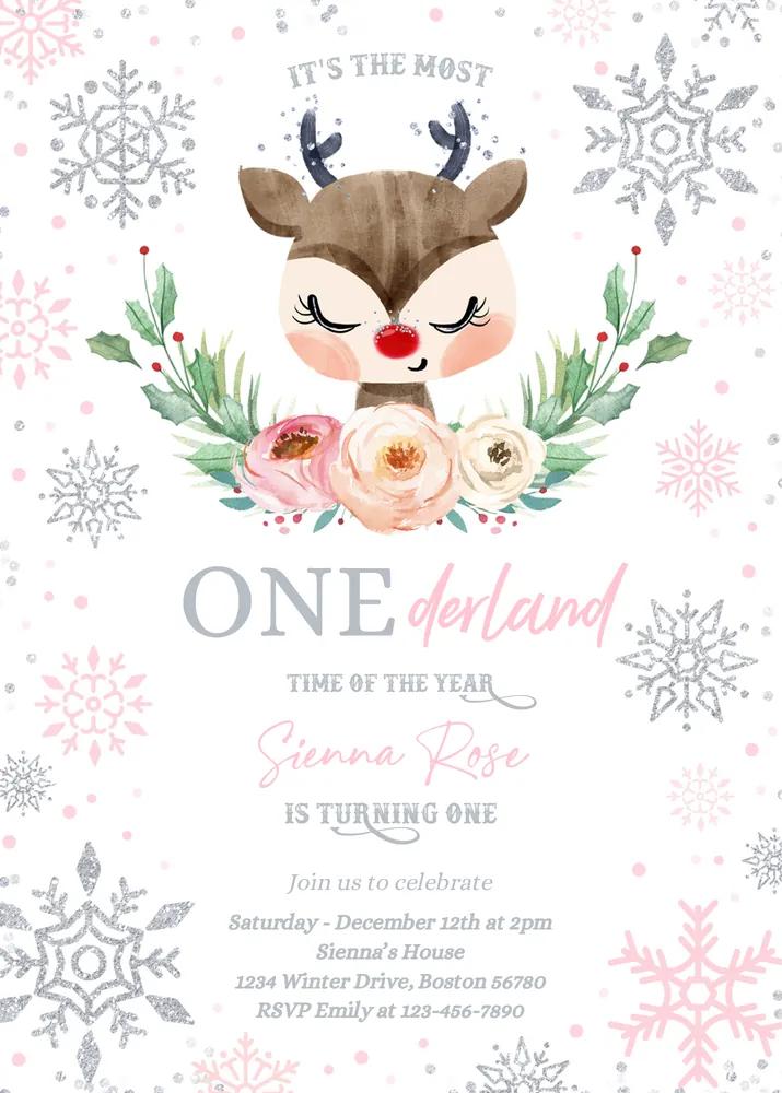 Reindeer Winter Onederland Birthday Invitation Canva Template Pink Silver