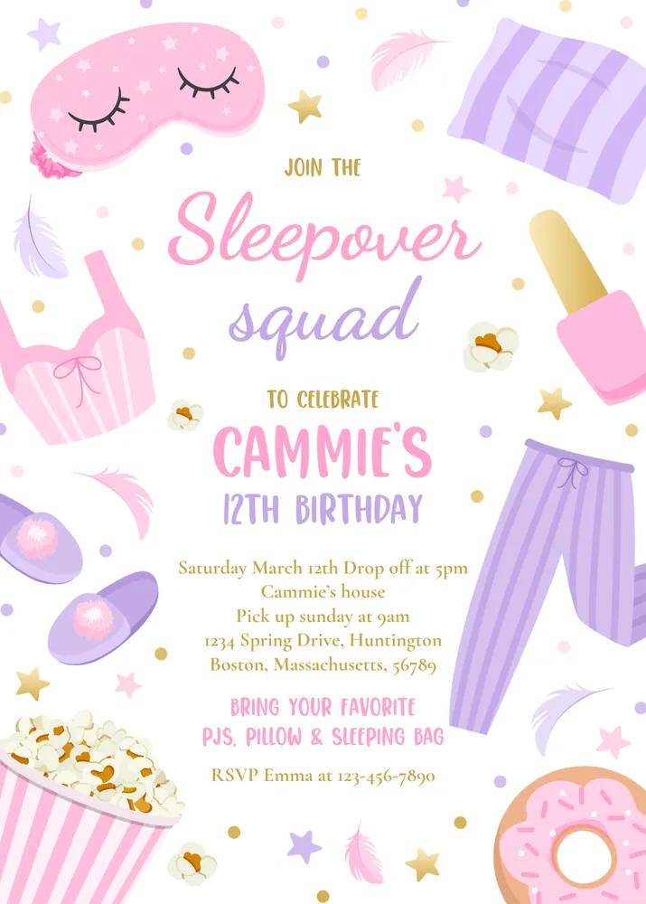 Sleepover Squad Birthday Party Invitation | Editable Canva Slumber Party Template