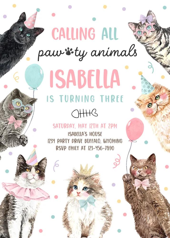 Kitten Birthday Invitation | Editable Canva Template Cat Party Pawty