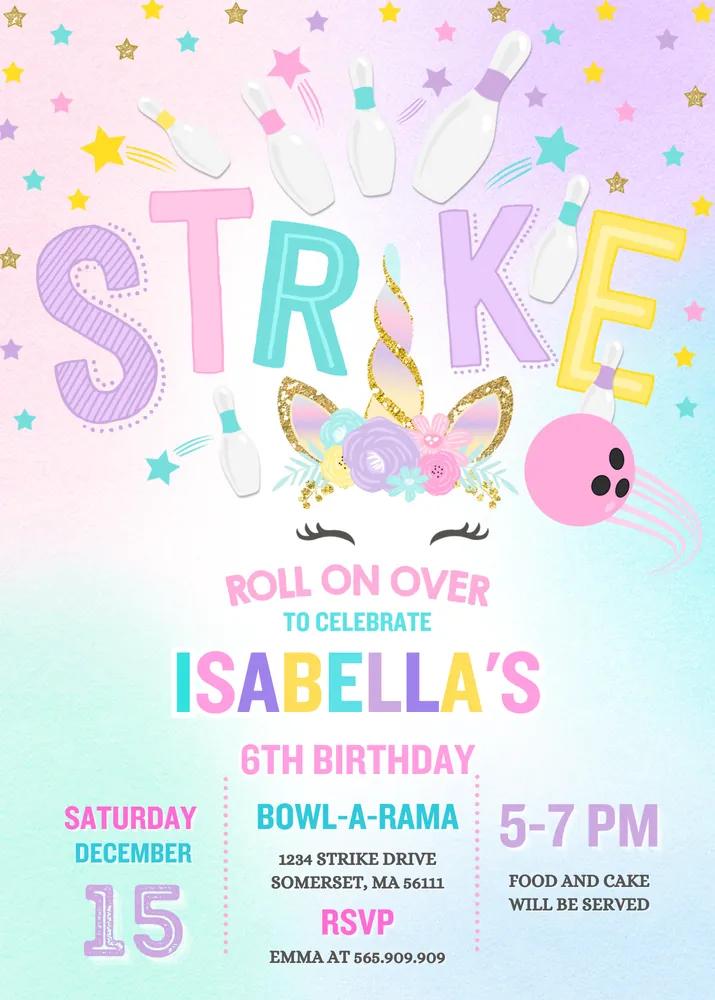 Unicorn Bowling Birthday Invitation - Editable Canva Template - Instant Download