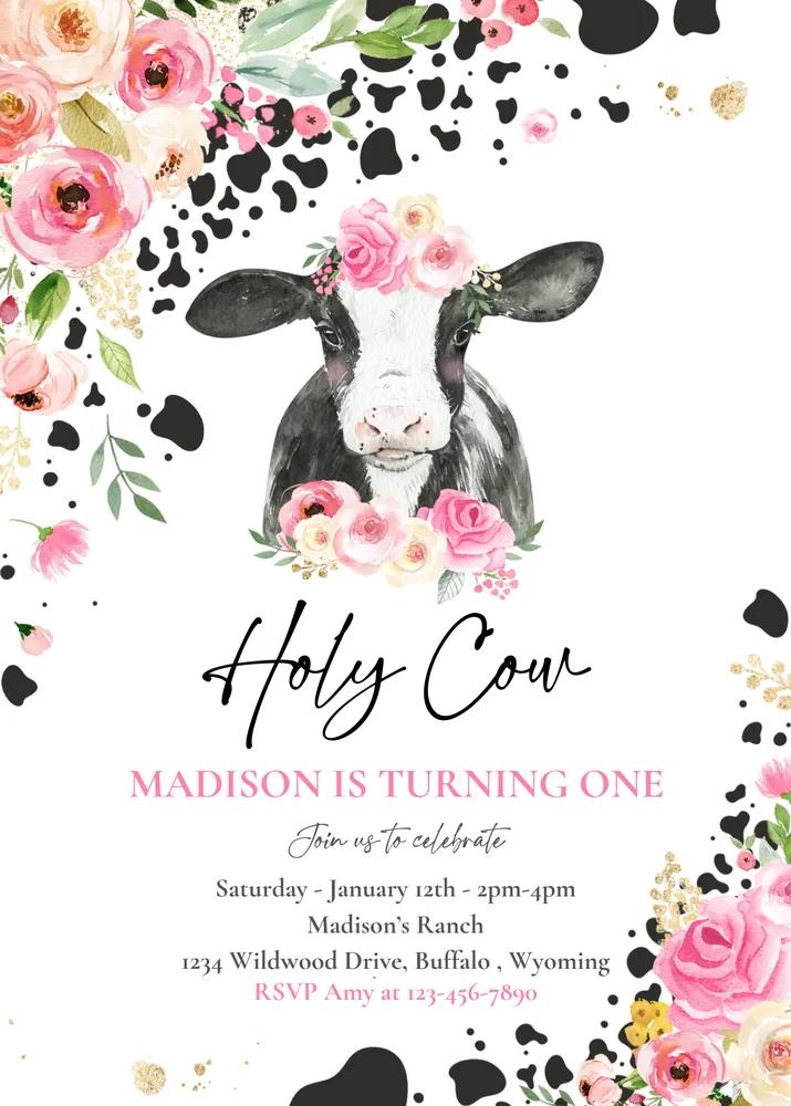 Pink Floral Cow 1st Birthday Invitation | Holy Cow Im One Canva Template