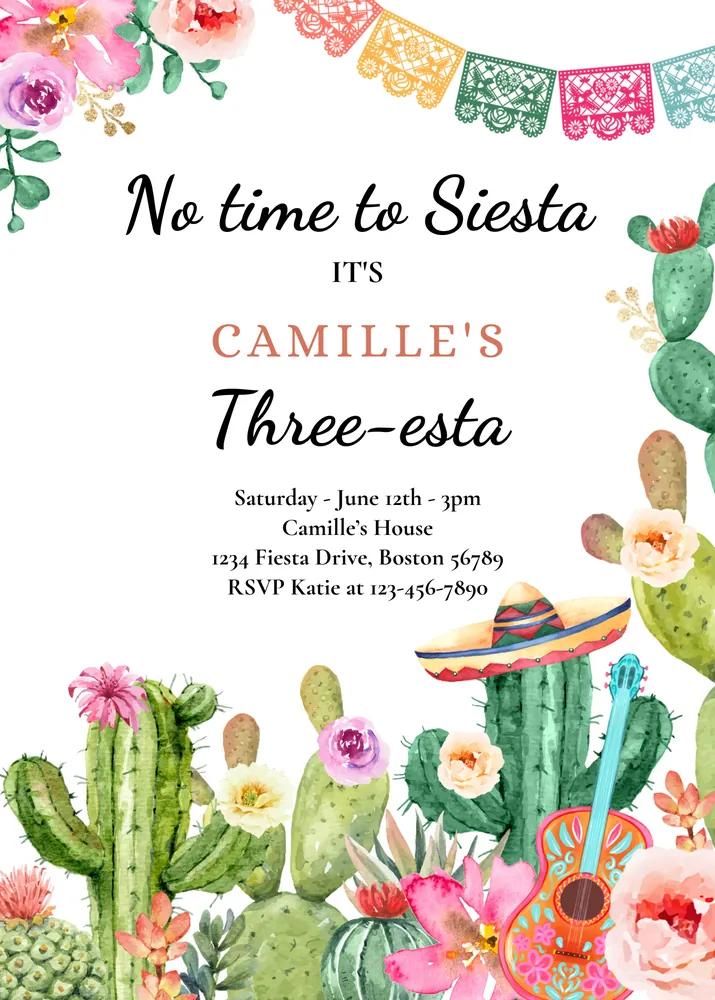 Fiesta 3rd Birthday Invitation, Editable Three-esta Canva Template, Pink Cactus