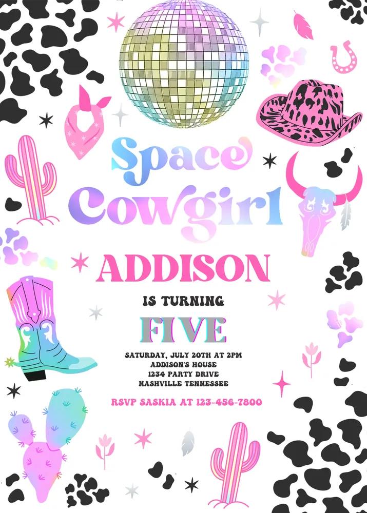 Space Cowgirl Birthday Invitation, Cosmic Disco Rodeo Canva Template