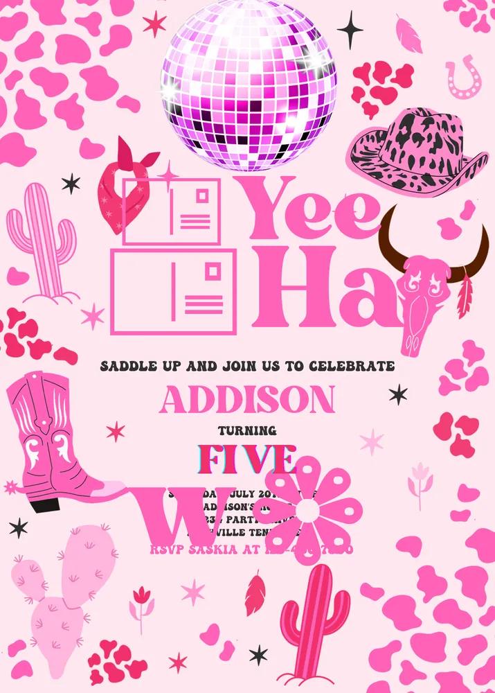Space Cowgirl Birthday Invitation Pink Disco Rodeo Canva Template