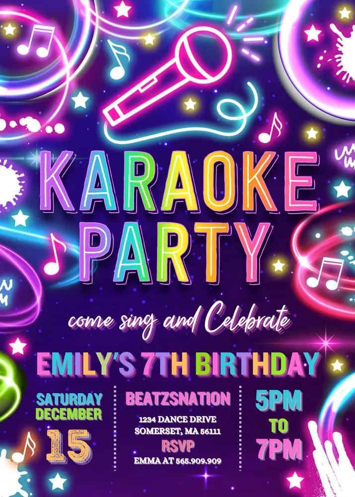 Neon Karaoke Birthday Party Invitation | Editable Canva Template Glow Party