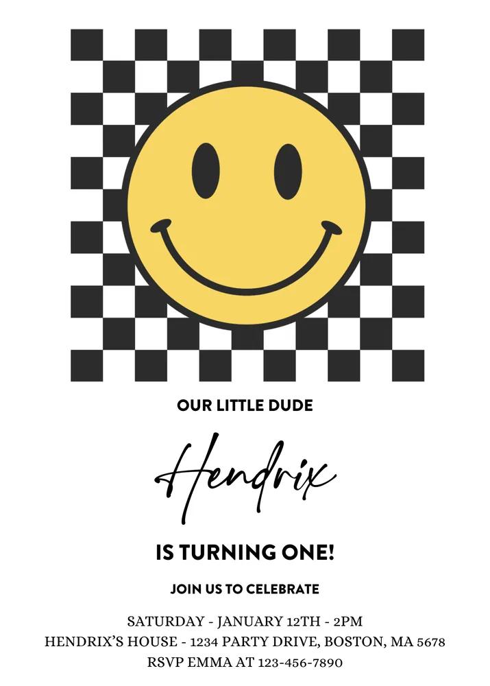 One Cool Dude 1st Birthday Invitation | Smiley Face Canva Template