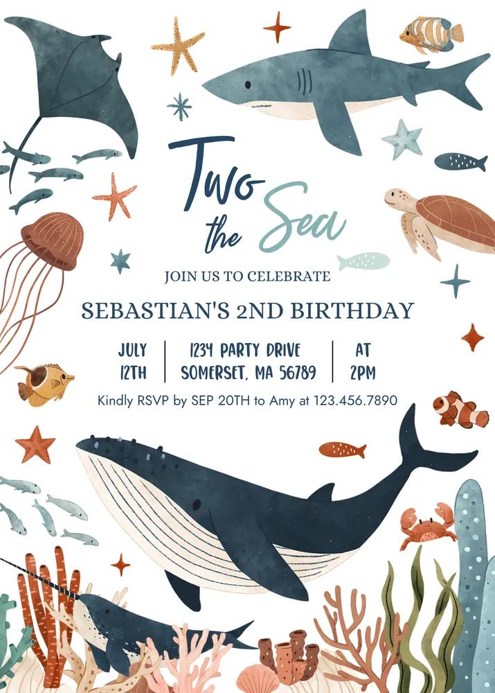 Two the Sea 2nd Birthday Invitation | Editable Under the Sea Canva Template