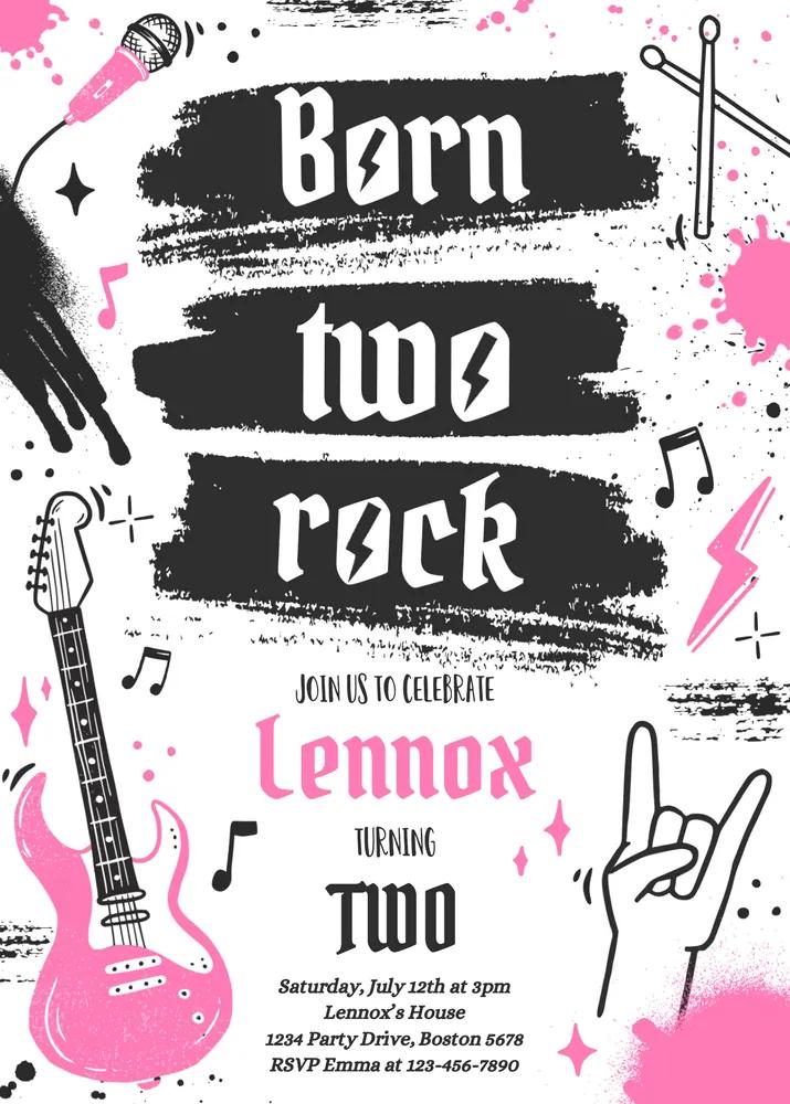 Born Two Rock 2nd Birthday Invitation | Girl Rock and Roll Canva Template