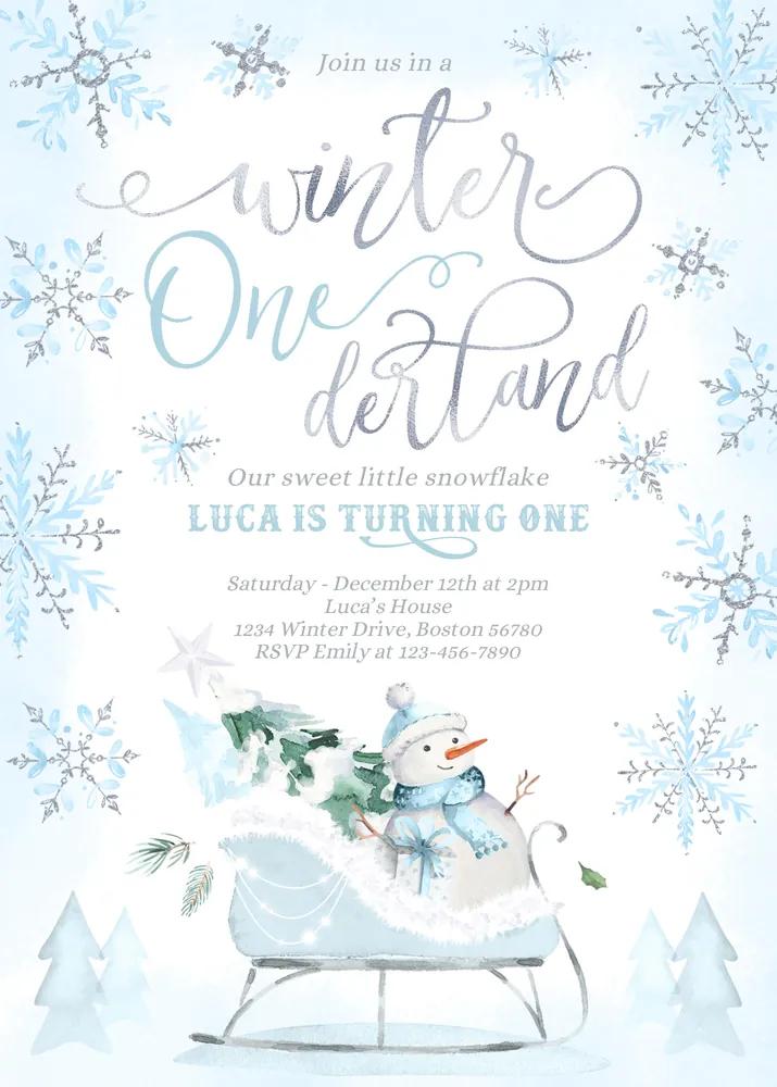Winter ONEderland 1st Birthday Invitation | Editable Canva Sleigh Template