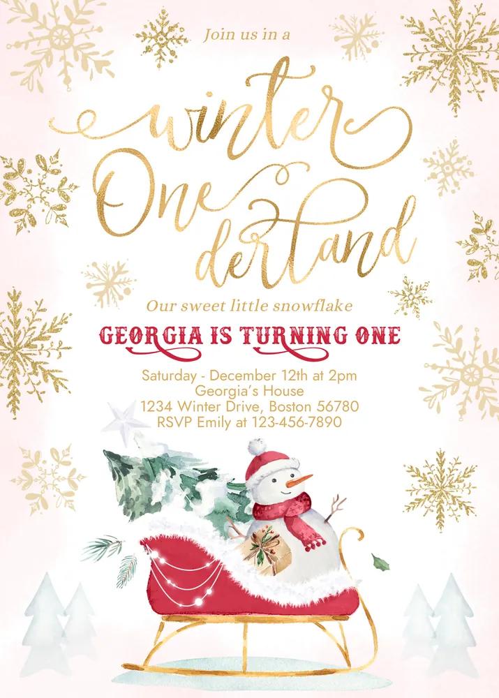 Winter ONEderland 1st Birthday Invitation | Red Sleigh Canva Template
