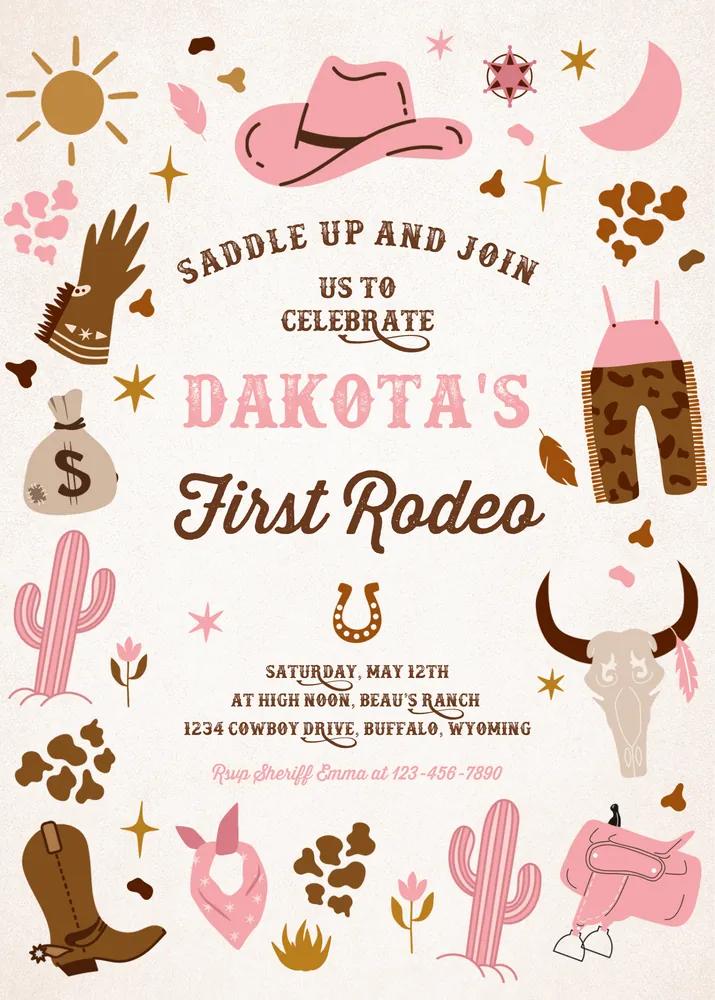 Cowgirl 1st Rodeo Birthday Invitation, Pink Wild West Canva Template