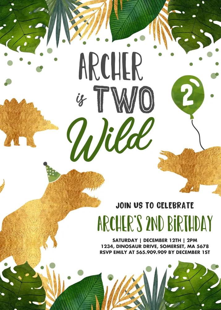 Editable Dinosaur 2nd Birthday Invitation | Two Wild T-Rex Canva Template