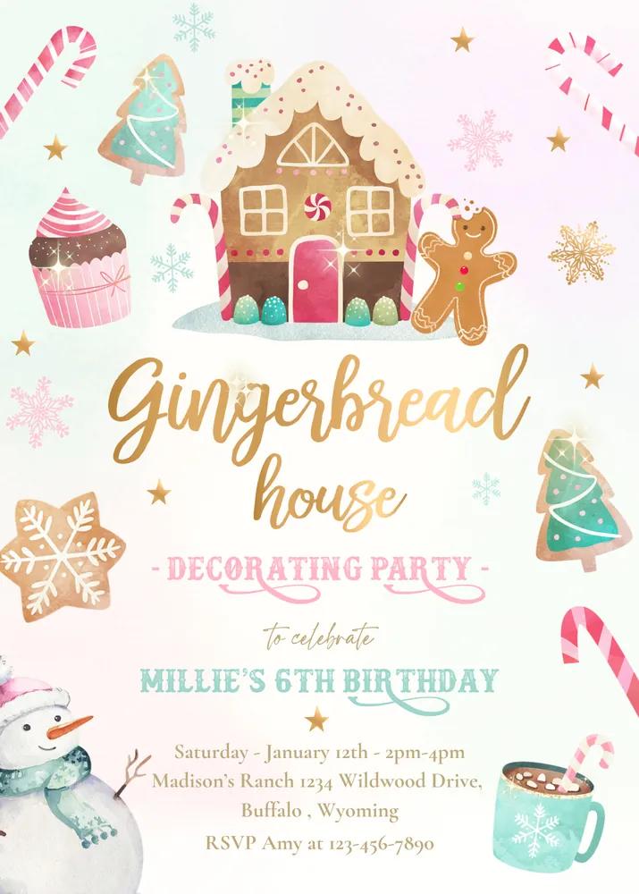 Gingerbread House Birthday Invitation | Editable Canva Cookie Decorating Template