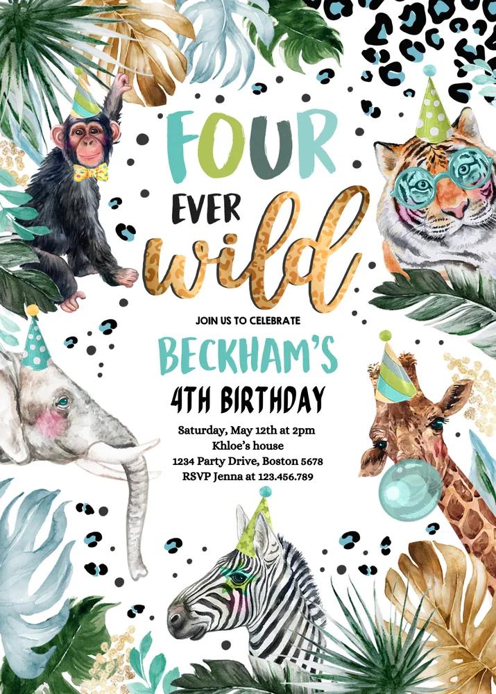 Four Ever Wild 4th Birthday Invitation | Safari Animal Print Canva Template