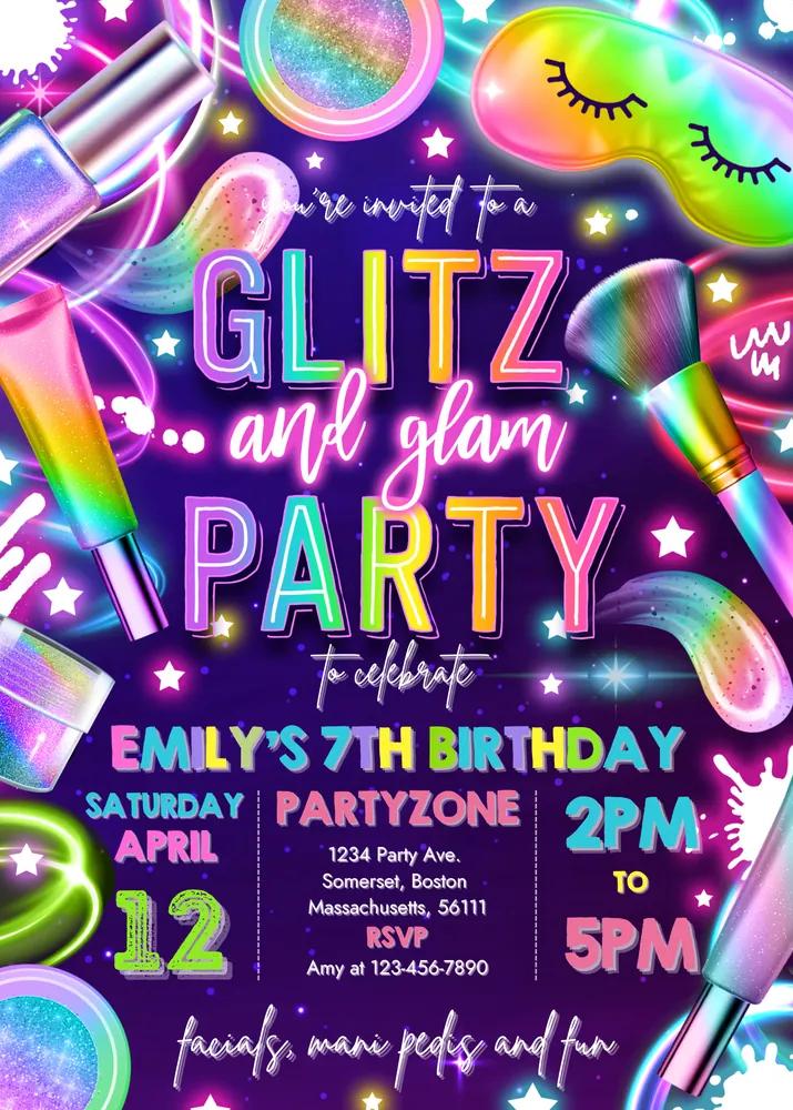 Glitz and Glam Spa Makeup Birthday Invitation Neon Glow Canva Template