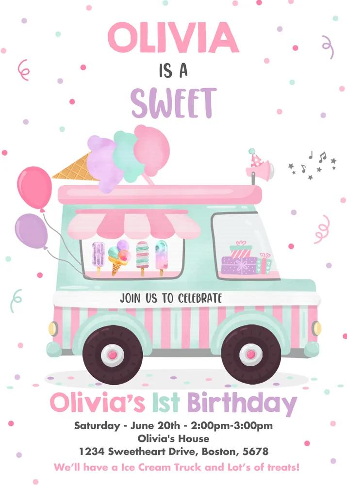 Ice Cream Truck Birthday Invitation | Sweet One 1st Party Canva Template