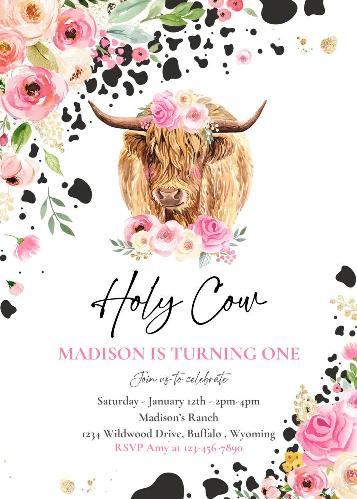 Holy Cow Im One 1st Birthday Invitation, Pink Floral Highland Cow Canva Template