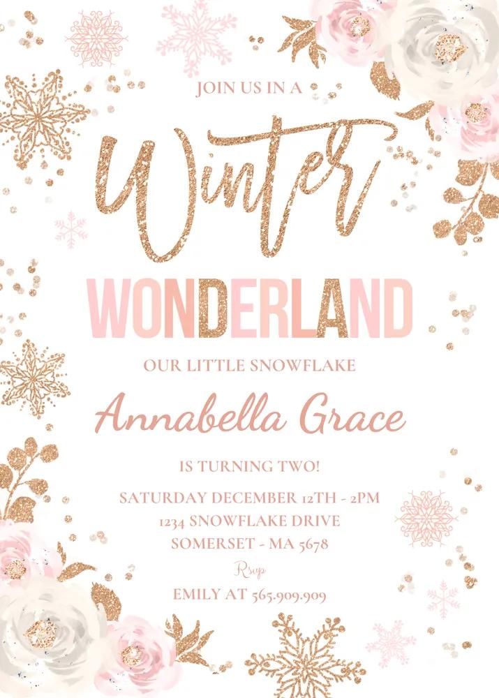 Pink & Rose Gold Winter Wonderland Birthday Invitation Canva Template