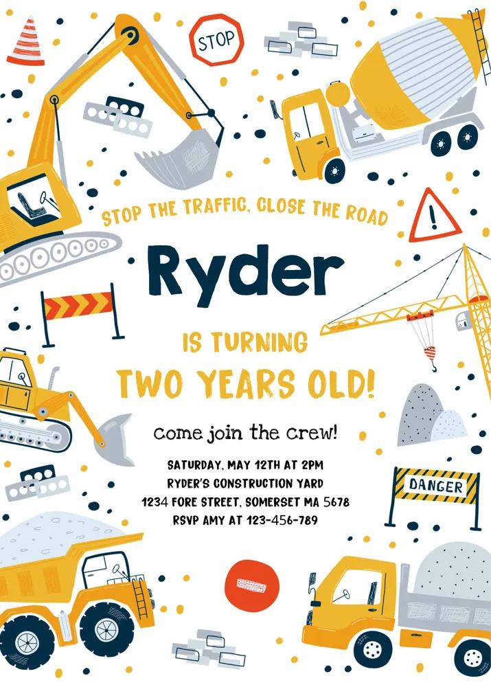 Construction Birthday Invitation Canva Template | Dump Truck Digger Dumper Site