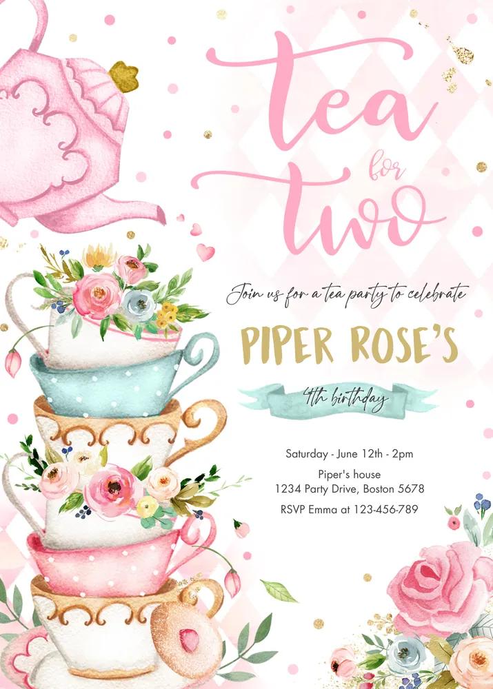 Tea for Two Birthday Invitation Canva Template - 2nd Birthday Pink Gold Floral