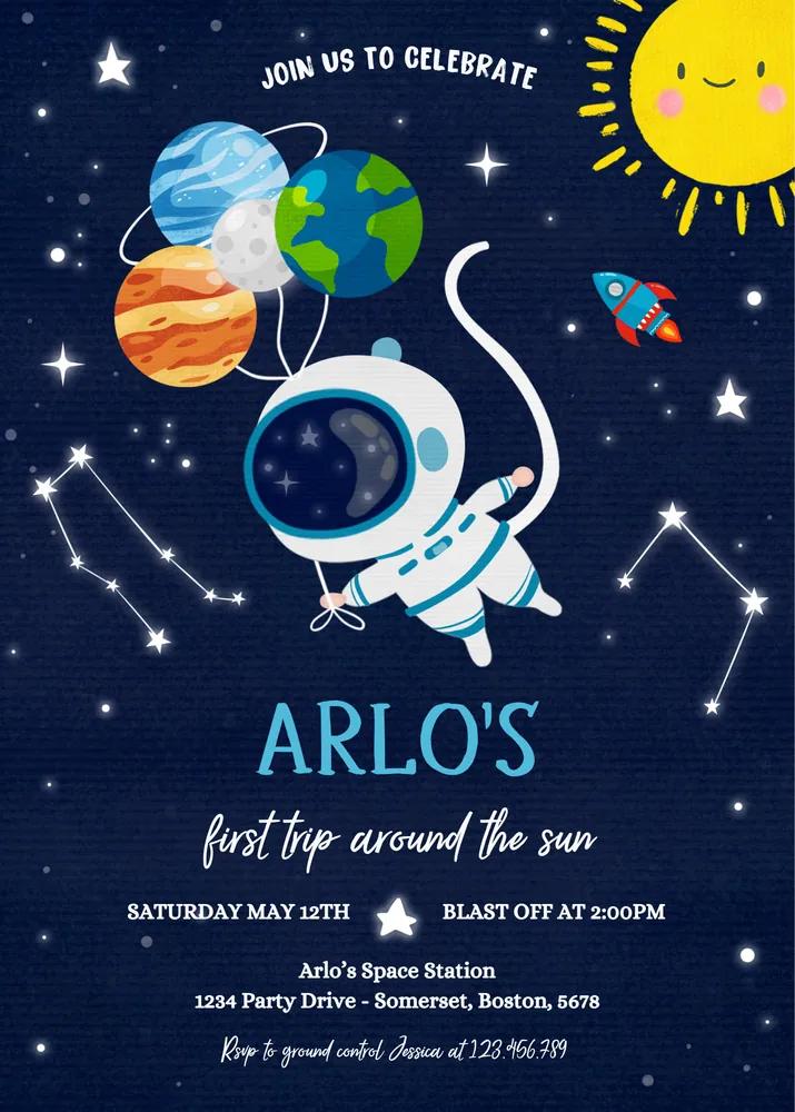 First Trip Around the Sun Space Birthday Invitation Canva Template Boy