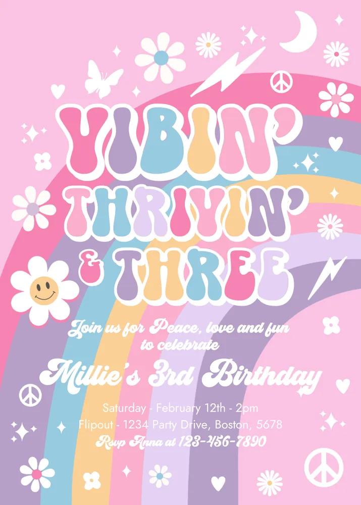 Vibin Thrivin and Three 3rd Birthday Invitation, Groovy Girl Canva Template