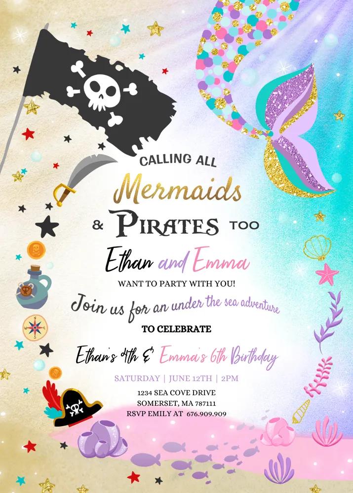 Mermaid and Pirate Birthday Invitation | Sibling Canva Template