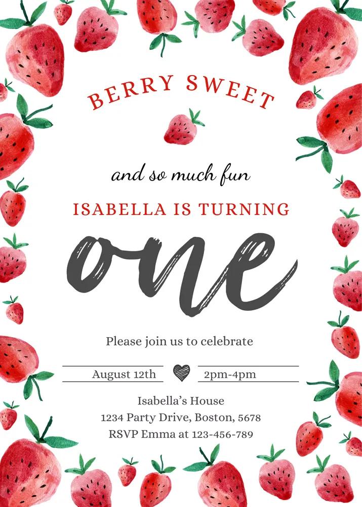 Strawberry 1st Birthday Invitation | Berry Sweet Canva Template | Summer Party